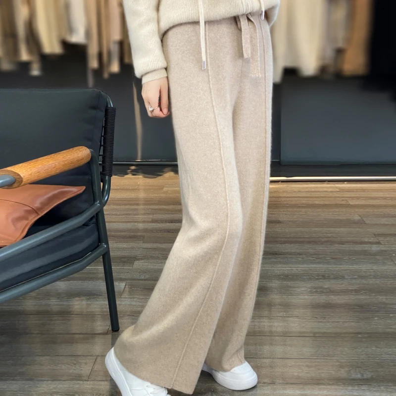 100% wool pants women\'s sewing knitted winter wide-leg pants thick Maillard gaiden cashmere pants women wear outside.