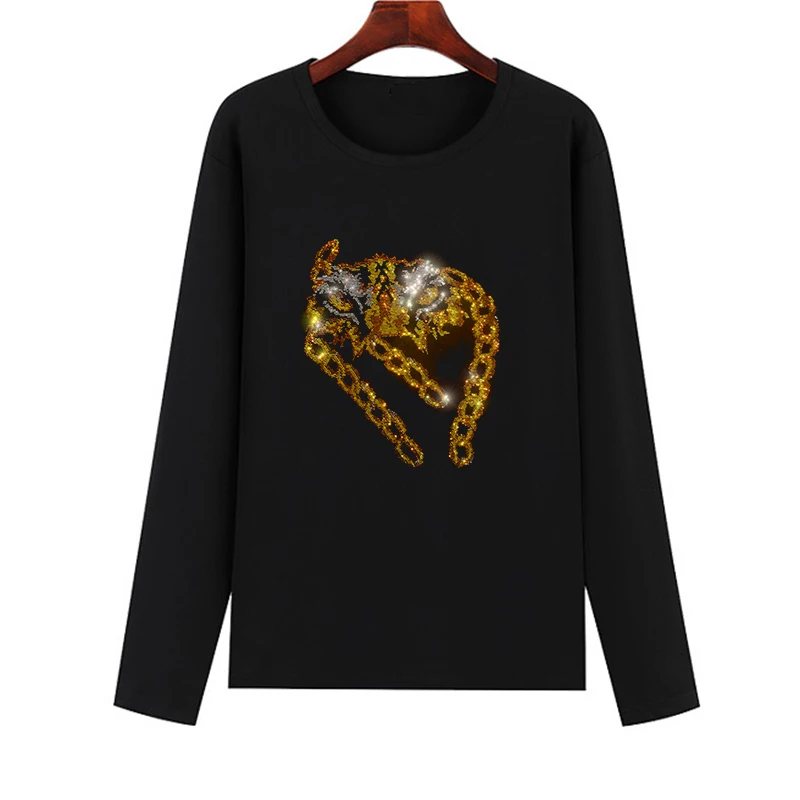 Women's long-sleeved T-shirt Eagle head pattern Diamond blouse basic T-shirt Pure Cotton quality blouse