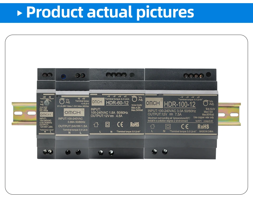 OMCH HDR-Serie DIN-Schienen-Schaltnetzteil HDR-15 100–240 VAC 15 W 30 W 60 W 100 W AC-zu-DC-Spannung 5 V 12 V 24 V 48 V 0–7,1 A SMPS – Detail 16