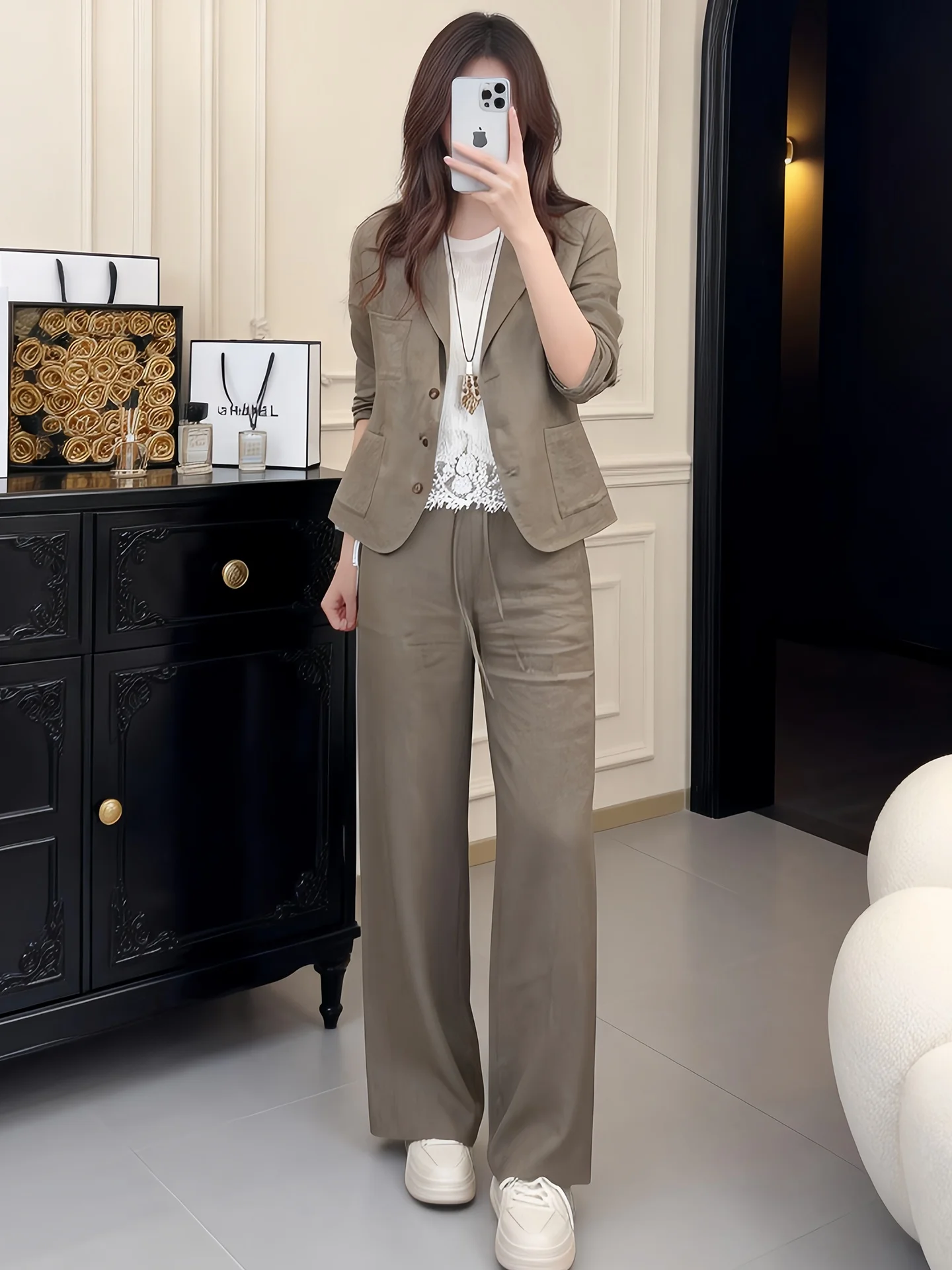 

Spring Autumn High-End Sensation Tea System Small Size Elegant Korean Style Suit Jacket Wide Leg Pants Two-Piece Set Trendy