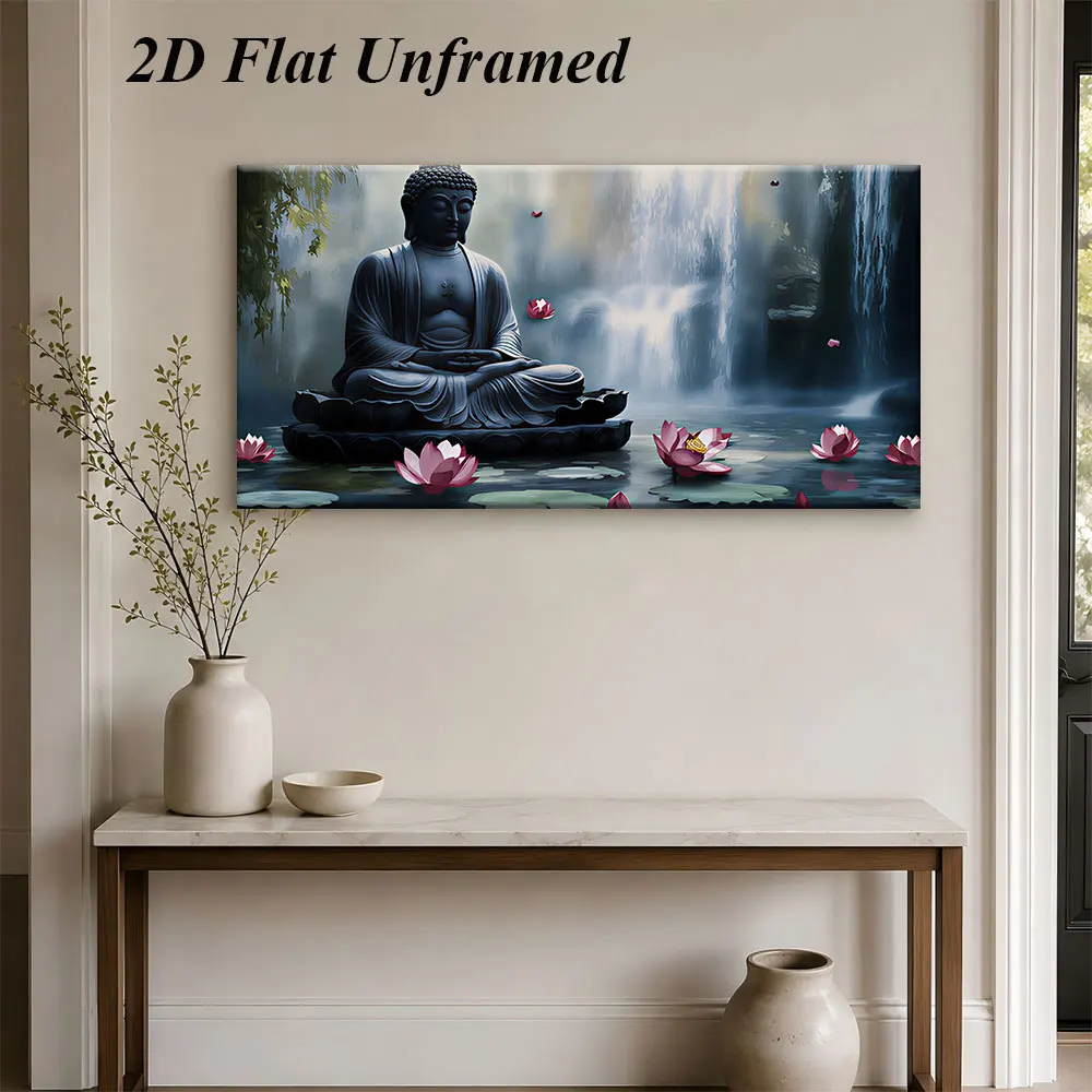 1 Zen Buddha statue frameless decorative painting, Chinese style peaceful waterfall, lotus flower 2D plan