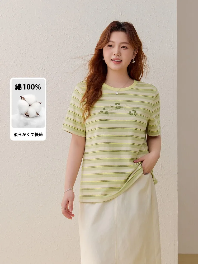 

Универсальная женская футболка из чистого хлопка в полоску больших размеров, в ретро-стиле, летняя новинка, удобная, дышащая, с коротким рукавом