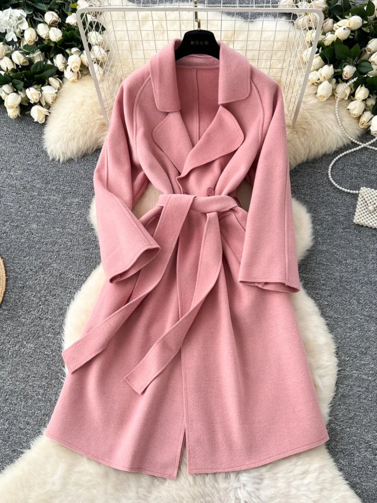 Women Elegant Woolen Coat Autumn Winter Turn Down Collar Long Sleeved Blends Coats Korean Vintage Long Windbreaker Trench Coats