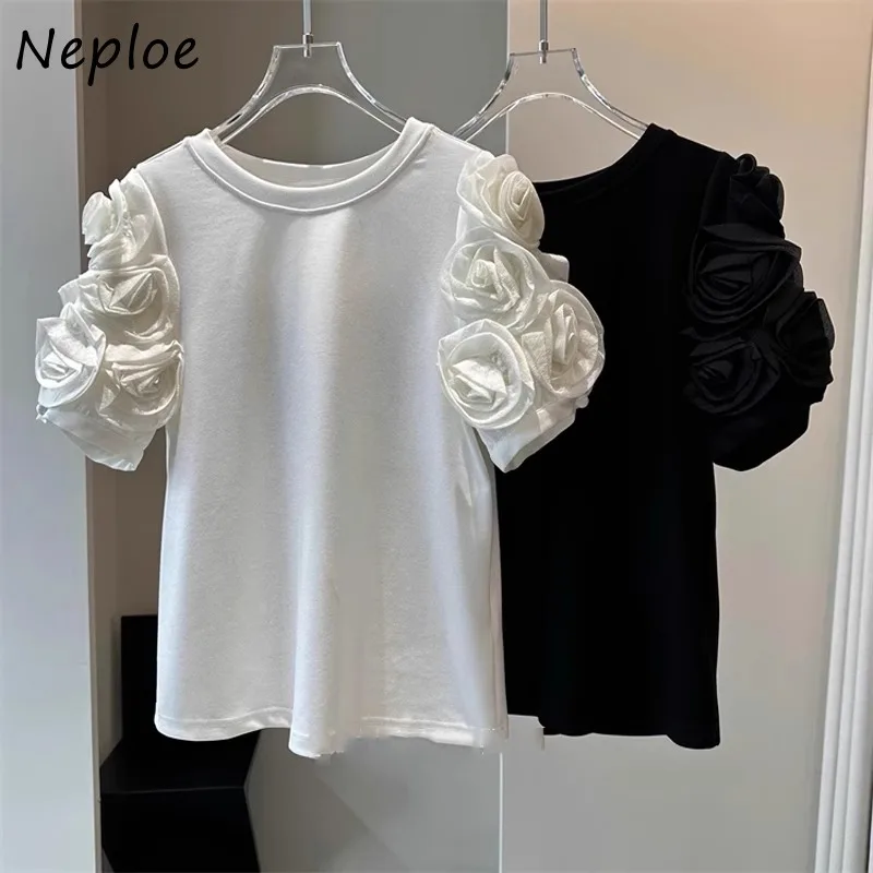 Neploe 2024 Summer New O-neck Tops Women Vintage 3D Flower Short Sleeve T-shirts Y2k Mid-length Loose Black Tee Shirt