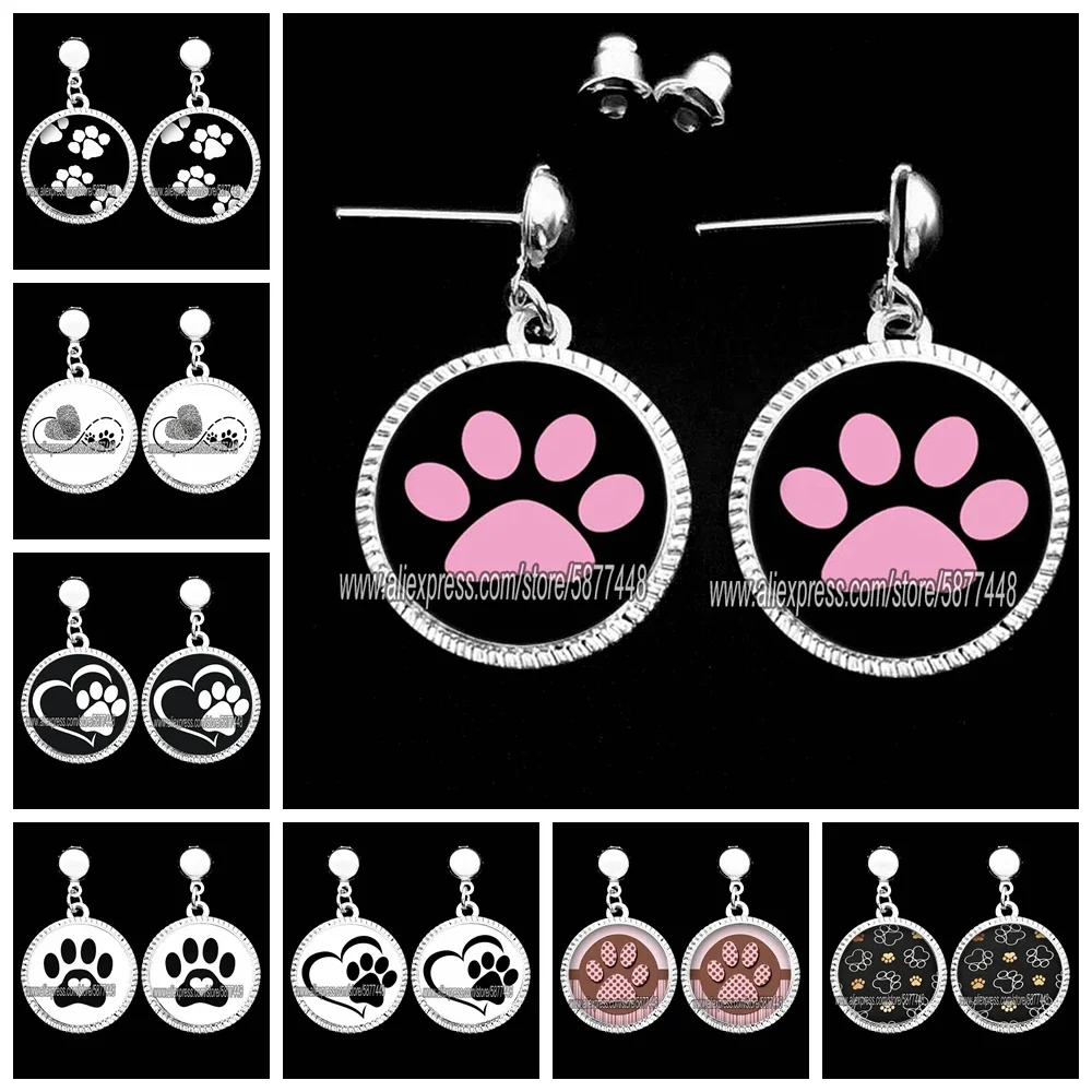 Cute Dog Paw Print Glass Women Dangle Earring I Love Cat and Dog Pendant Earring Lovely Cat Print Drop Earring for Girl