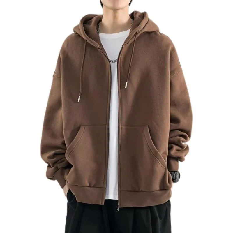 Male Clothes Hooded Sweatshirt for Men Solid Black Hoodies Full Zip Up Autumn Y2k Vintage New in Loose