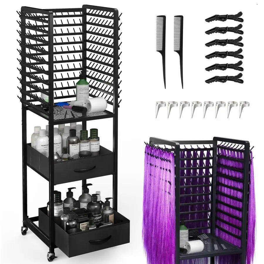 

Стойка для плетения с большими ящиками, 3-сторонняя стойка для волос с колесами и 16 инструментами для плетения, держатель для наращивания волос, высота 52 дюйма