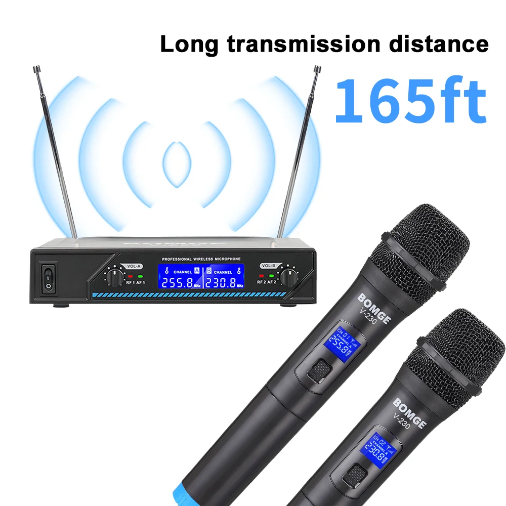 BOMGE V-230 2 Channel Handheld Wireless Karaoke Microphone System Professional Mic For Party Meeting Church Show Family KTV