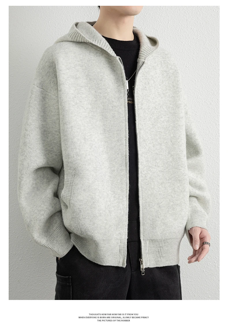 Legible Autumn Winter Casual Sweaters Men Solid Color Hooded Sweatercoats Male Loose Zip-up Knitted Cardigan Man