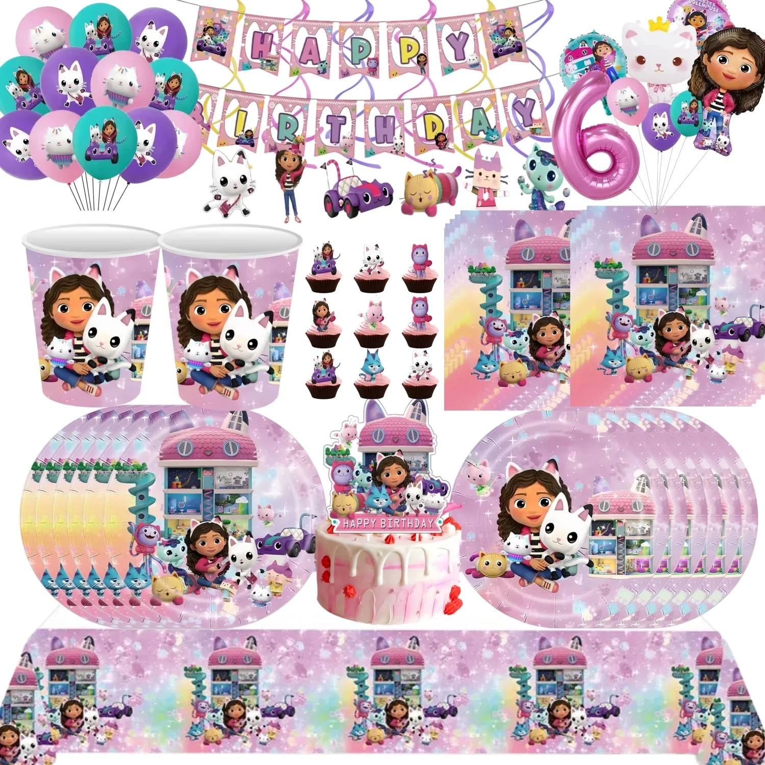 Articles de fête d'anniversaire Gabby Dollhouse : assiettes, gobelets, nappe, serviettes, kit de décoration d'anniversaire Gabby Cat, cadeaux pour enfants