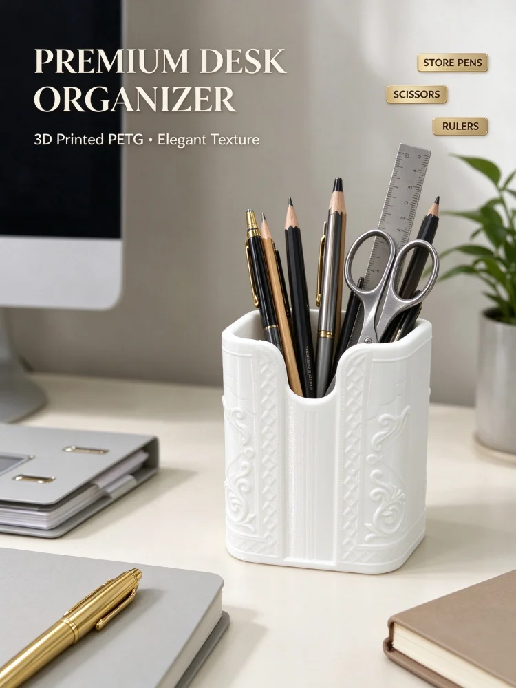 Vintage Embossed Scroll Pattern Pen Holder, 3D Printed in White Petg Material, with a Delicate Texture Surface, Elegant and Luxurious, Square Notch Opening Design, Modern Minimalist Classic Style, Office and Student Desktop Stationery Holder, Can Hold Pens, Pencils, Scissors, Rulers, Lightweight, Drop-Resistant, Durable, Dimensions: Height 9.5cm, Opening 7.3cm, Suitable for Office, Home Office, Student Desk Storage, Makeup Brush Storage