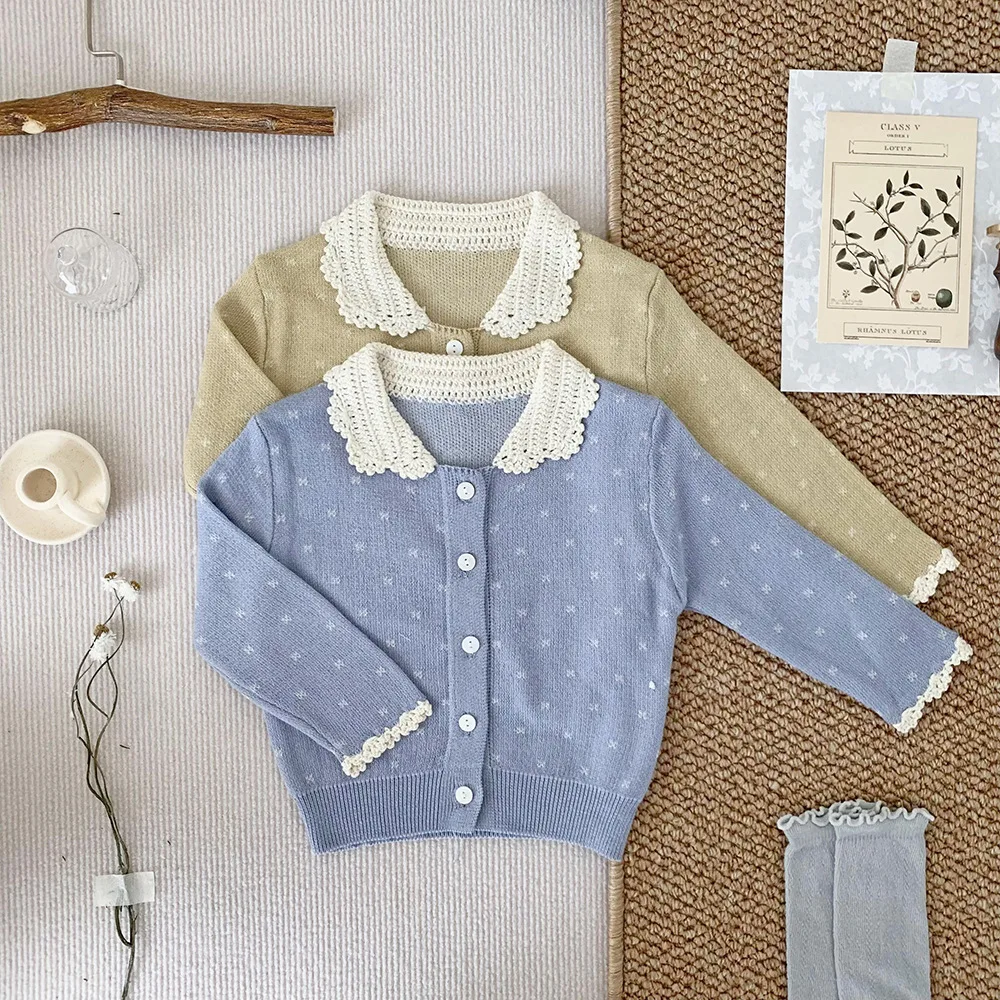 Girls Sweater 2024 Fall New Childrens Clothes Hand Hook Cardigan Sweater Girl Baby Thin Color Contrast Lapel Casual Simple