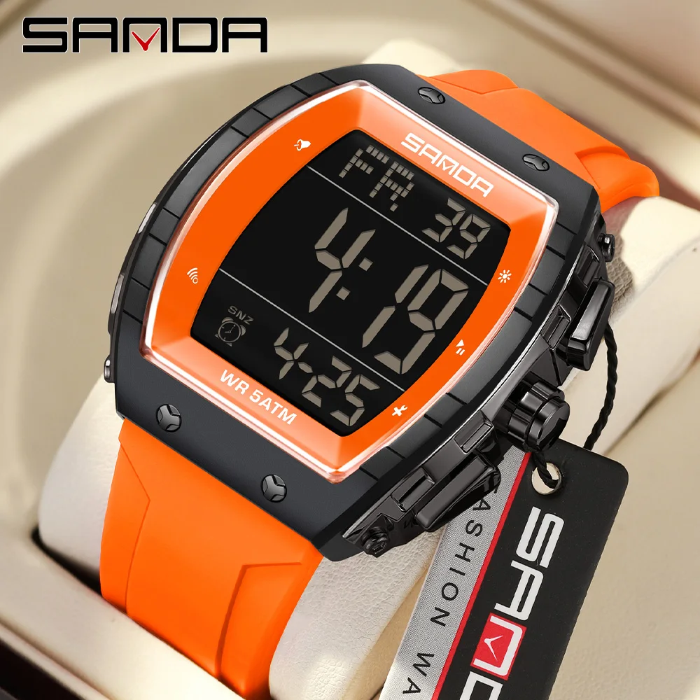 

SANDA New 6258 Модные студенческие электронные часы с большим циферблатом в форме винной бочки Водонепроницаемые светодиодные студенческие электронные часы