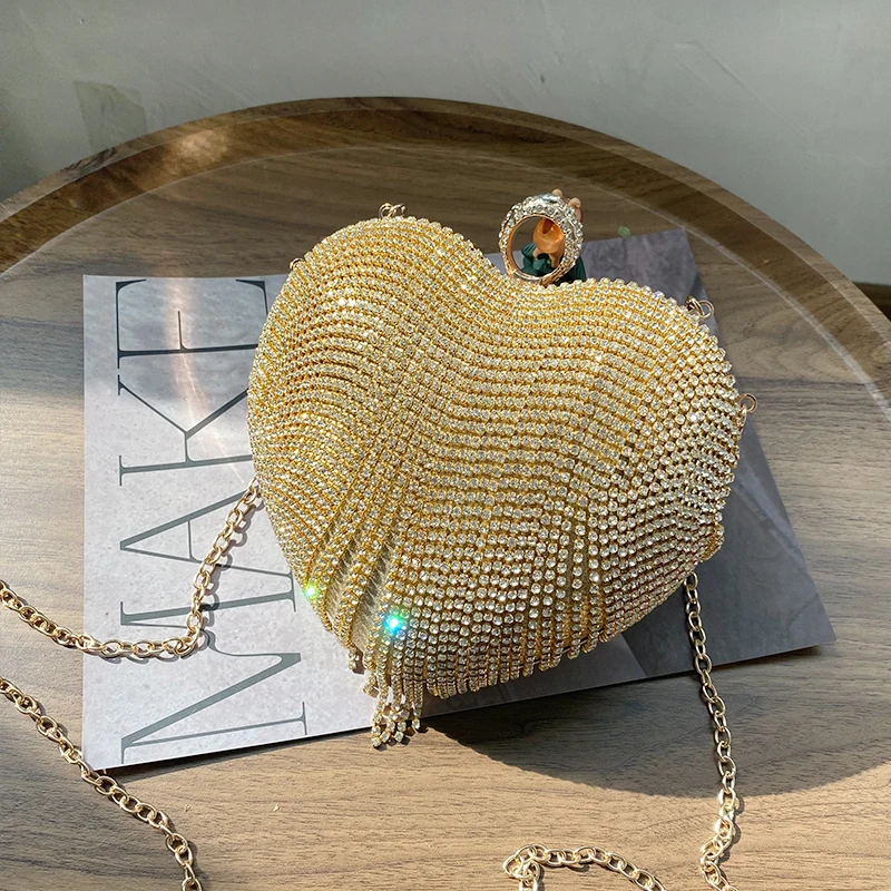 

Женское кольцо с бриллиантовой кисточкой, вечерние сумки со стразами в форме сердца, сумка-клатч