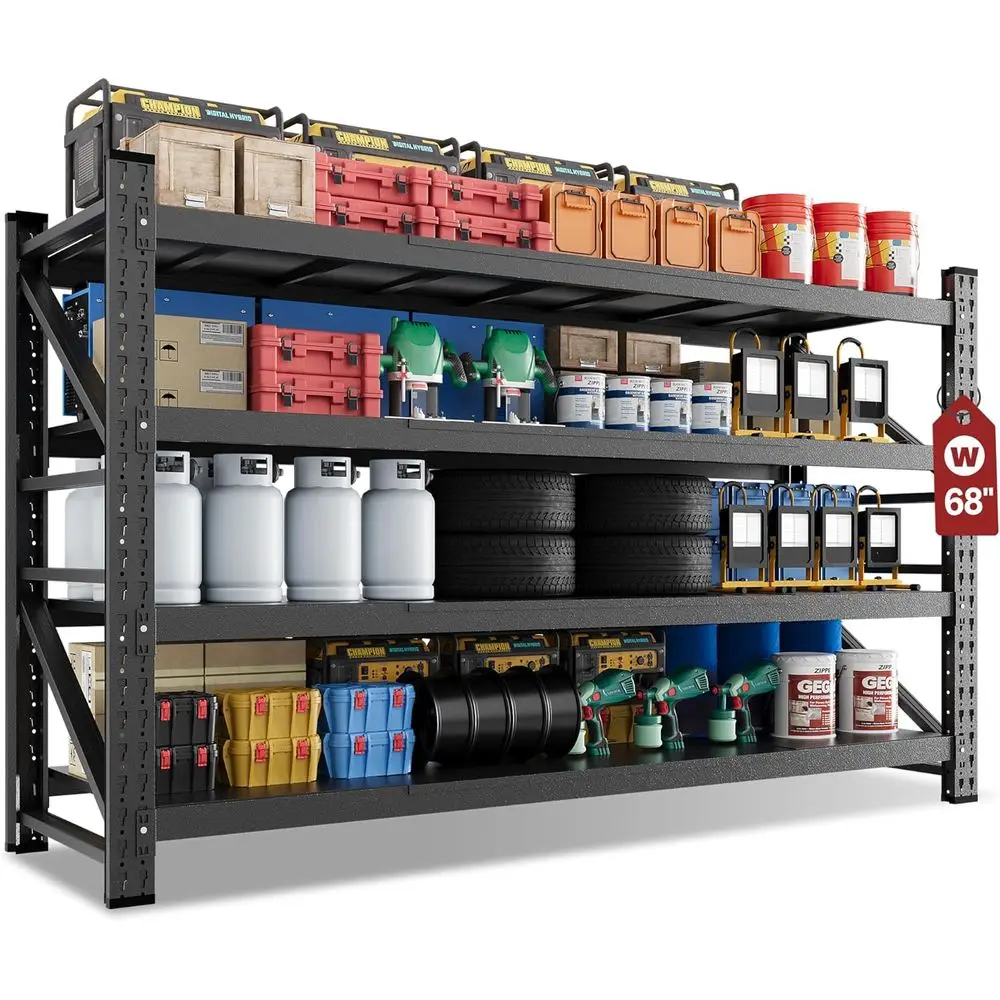 

4-ярусная металлическая стеллажная система для хранения, 68 дюймов в ширину, грузоподъемность 8000 фунтов, для гаража, склада или подвала