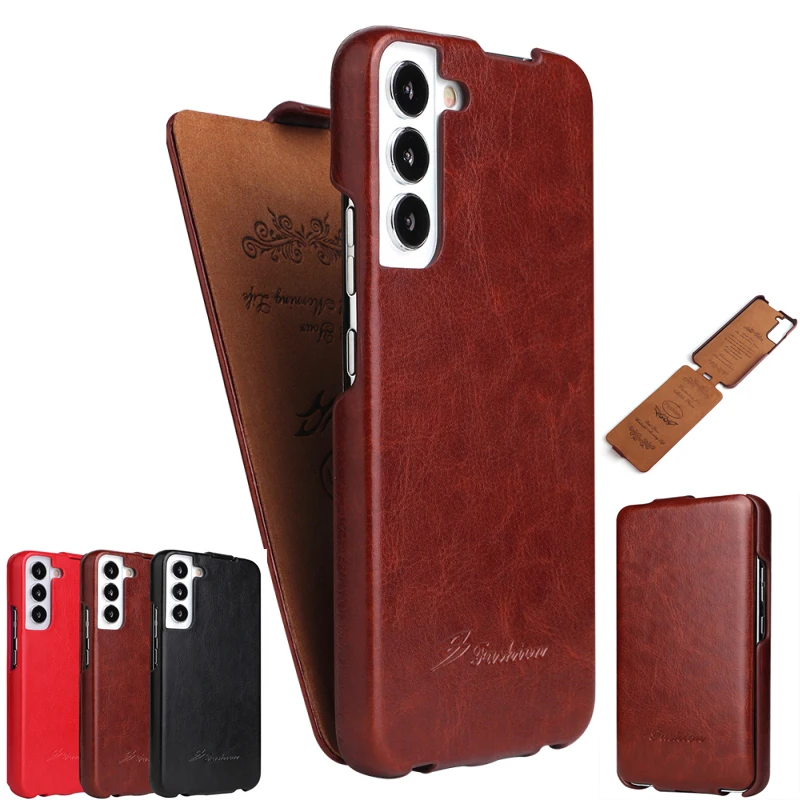 Luxury Leather Vertical Flip Cover For Samsung Galaxy S24 S23 Ultra S22 Plus S21 Full Coverage Phone Case Slim Pouch Cover