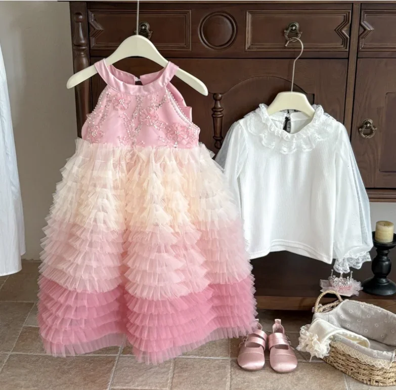 

Новые осенние бутиковые модные комплекты для маленьких девочек, белая блузка + жилет, розовое платье с цветочным принтом, милые костюмы принцессы, От 3 до 8 лет