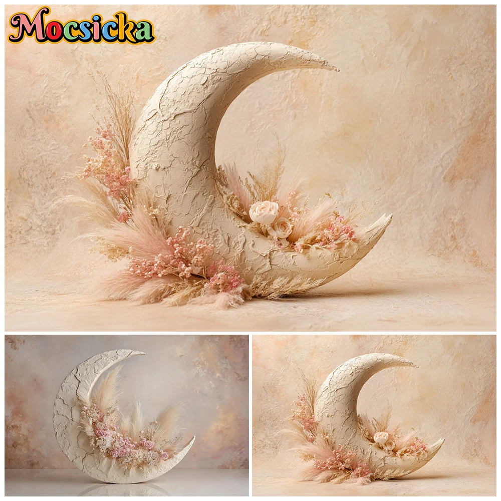

Mocsicka Boho Moon Photography Backdrop Textured Beige Crescent Moon Flower Background Newborn Baby Shower Cake Smash Photoshoot