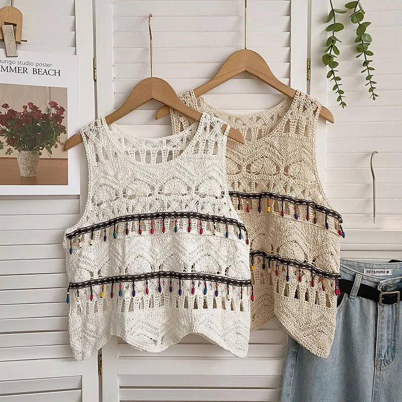 

Boring Honey Round Collar Sleeveless Tank Top Women Corset Tops Hollow Out Short Crop Top Edible Tree Fungus Tassels Knitted Top