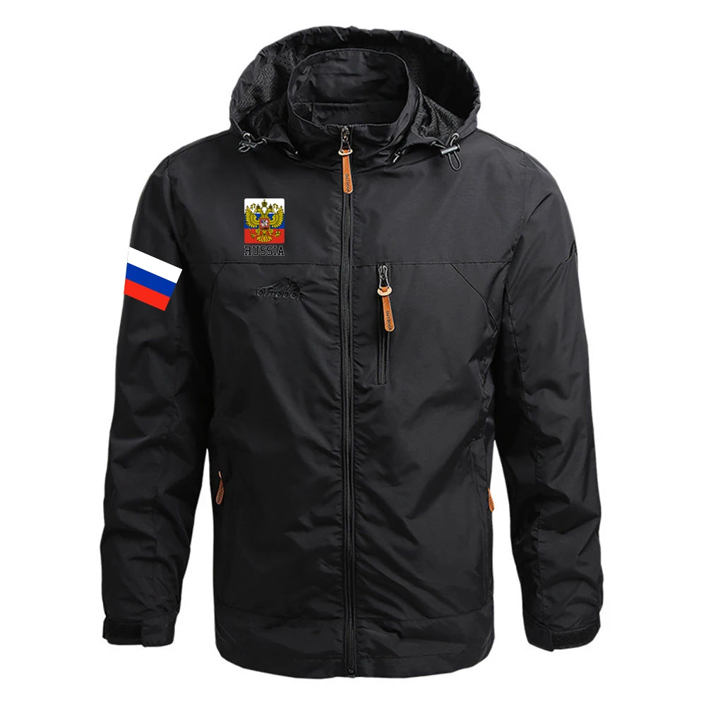 2025 Spring And Autumn Man's Exquisite Details Hooded Coat Golden Eagle Russia Flag Badge Logo Print Useful Windproof Jacket