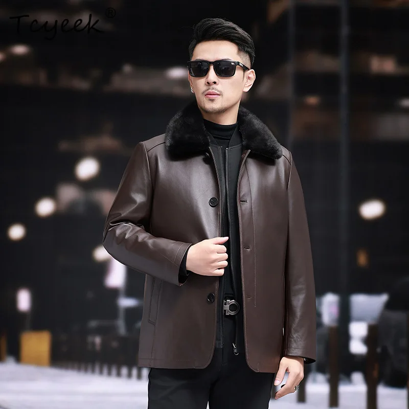 Tcyeek Genuine Leather Down Coat Men Warm Winter Jacket Mink Fur Collar Fashion Top Layer Sheepskin Coats Mens Clothes Trendy