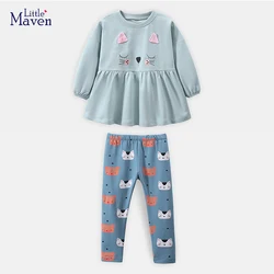 Little maven 2024 Autumn Cute Clothes for Kids Lovely Children's Clothing Baby Girls Cotton Cat T shirts+Pants Sets