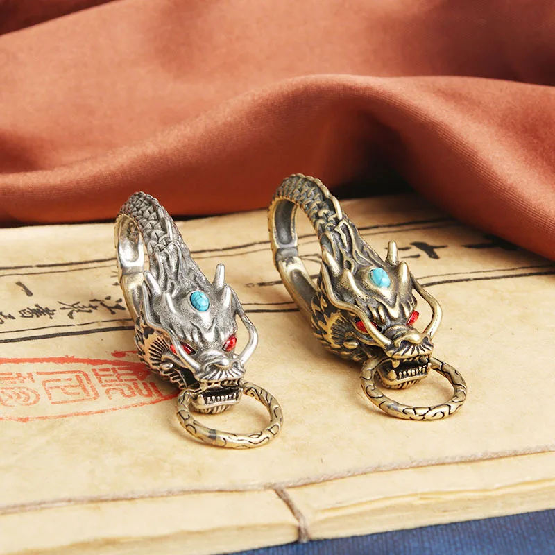 Pure Copper Dragon Head Figurine Decoration Pendant for Keychain Novelty Brass inlaid diamond Car Key Chain DIY Accessories