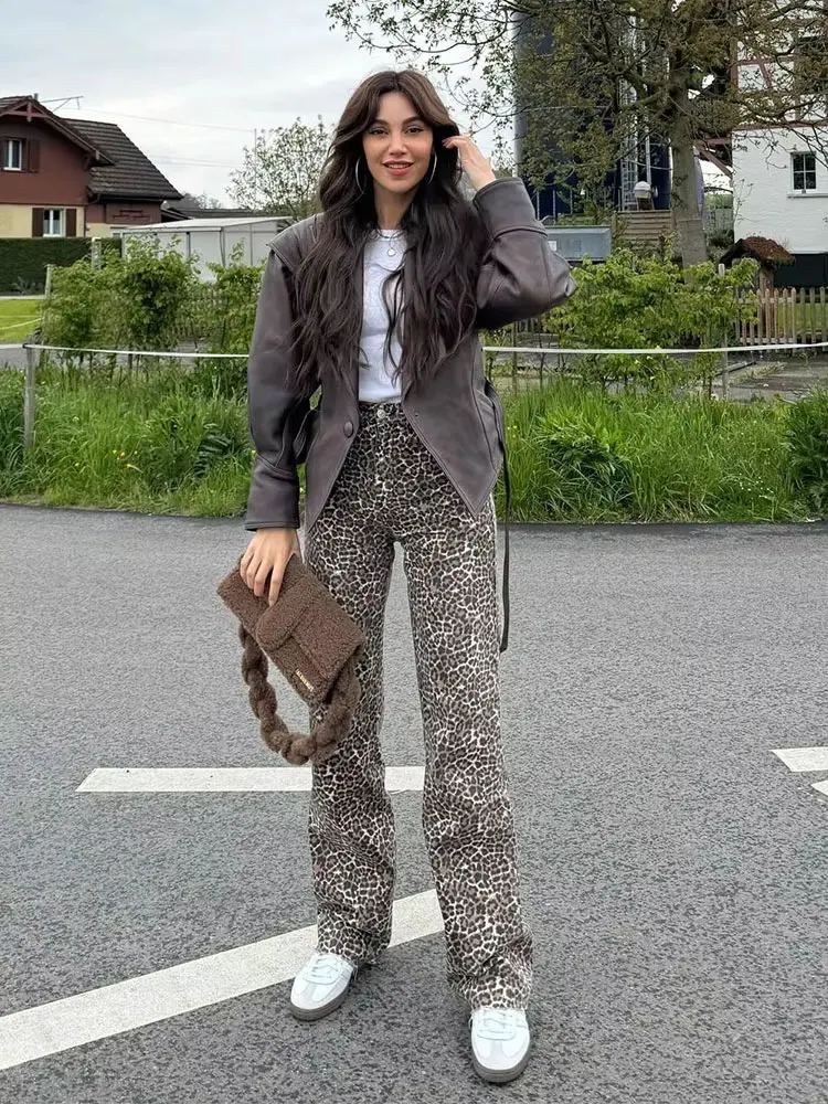HH 2024 Female Summer Vintage Straight Pants Chic Street Bottoms High Waist Leopard Print Zipper Fly Wide Leg Trousers