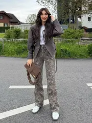 HH 2024 Female Summer Vintage Straight Pants Chic Street Bottoms High Waist Leopard Print Zipper Fly Wide Leg Trousers