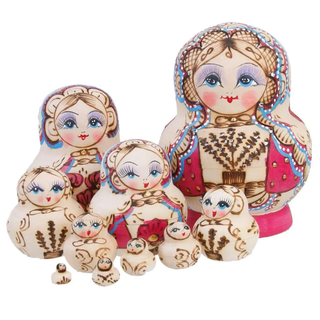 10pcs / Set Hand Painted Russian Matryoshka Girl Wooden Dolls