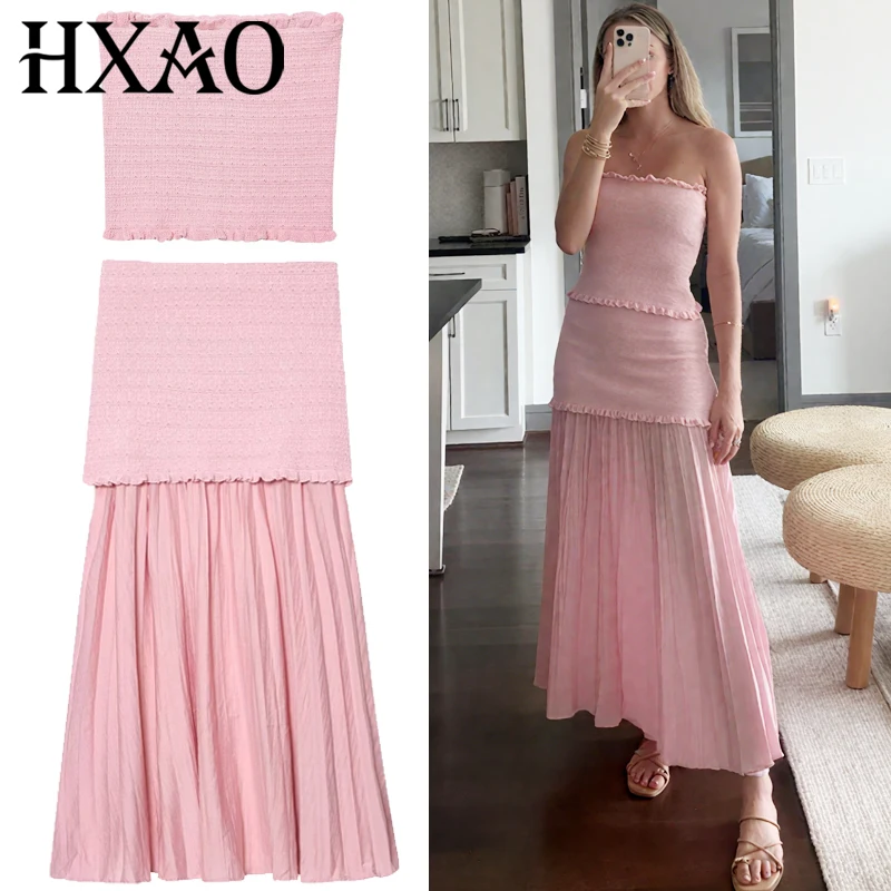 

HXAO Розовая вязаная юбка, женский костюм, шикарный топ с открытыми плечами и открытой спиной, плиссированная длинная юбка с высокой талией, комплект пляжной одежды