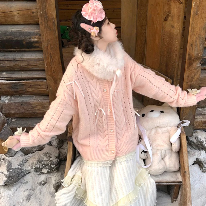 

MEXZT Kawaii Bow Knitted Cardigan Women Japanese Cute Faux Collar Sweater Outerwears Winter Korean Knitwears Long Sleeve Jumpers