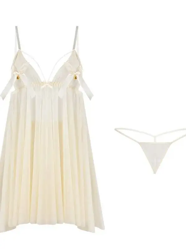 Vestido dulce sin espalda con tirantes en V profundo, vestido de malla de encaje transparente sin mangas, vestido transparente con lazo, vestido de puro deseo elegante 4QYA