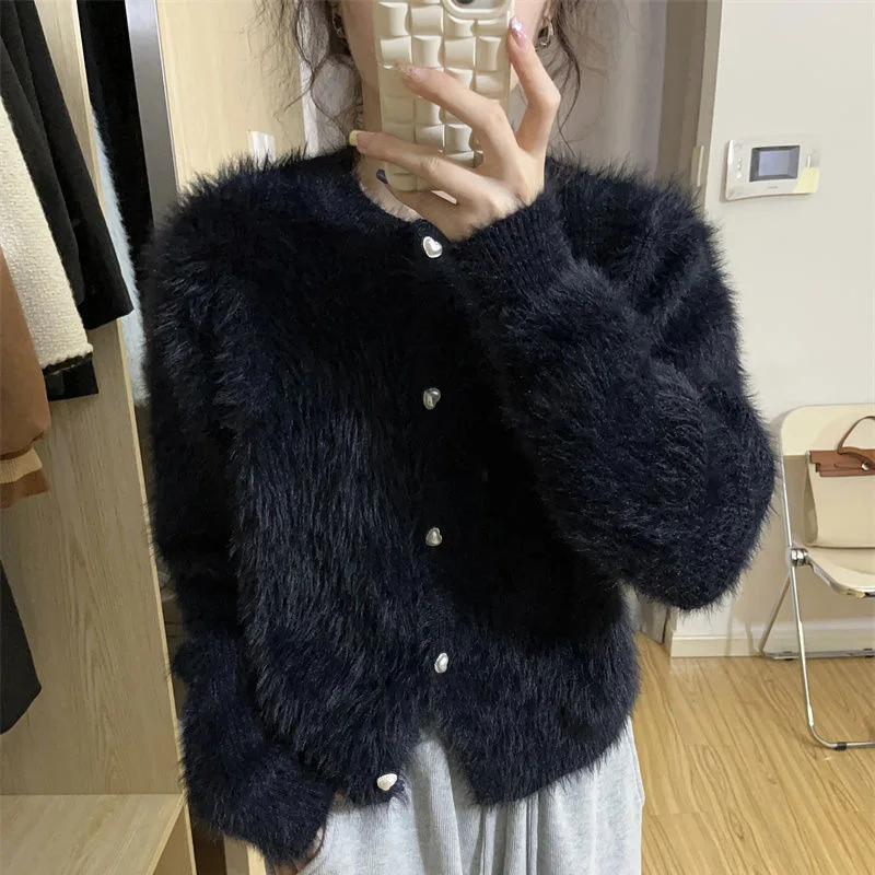 Rimocy Fluffy Mohair Cardigan for Women Korean Style Round Neck Fuzzy Sweater Woman Autumn Winter Button Up Warm Jersey Female