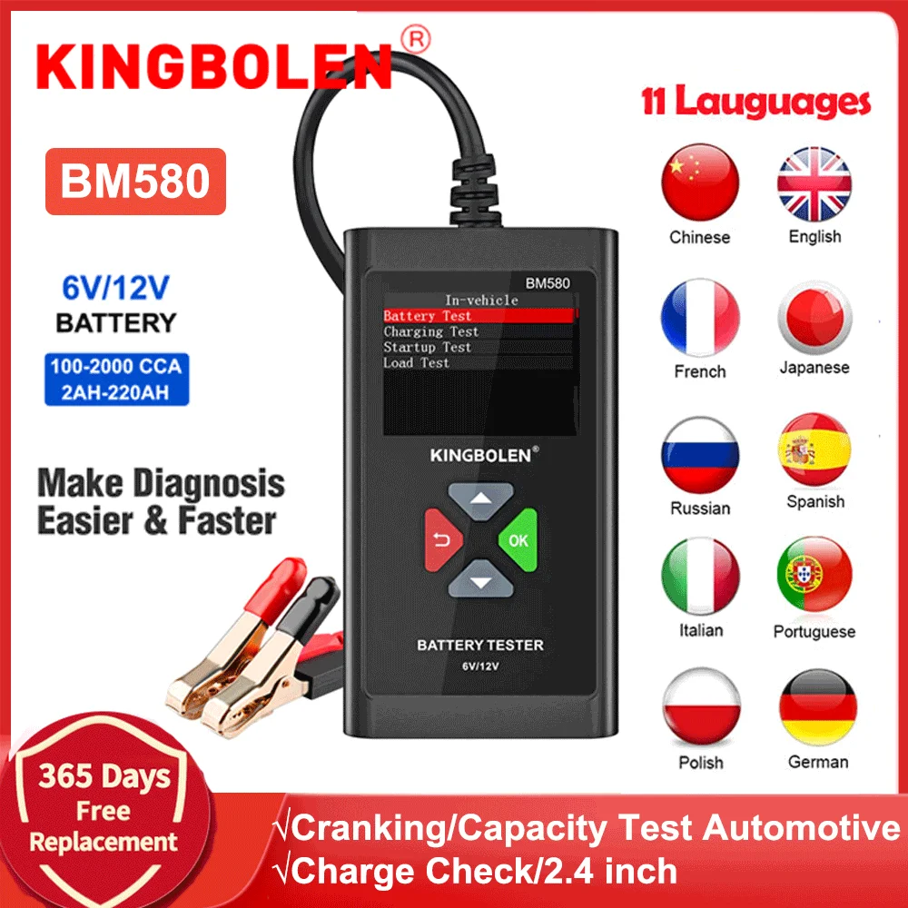 KINGBOLEN BM580 Car Battery Tester 6V 12V Analyzer Battery Analyzer Multi-language Cricuit Battery Tester 6 Voltage Battery Tool