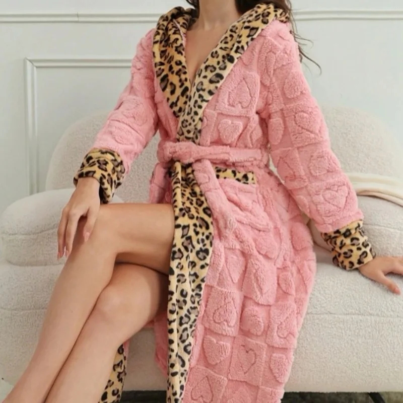 2026 Spring New Women's Nightgown Leopard Print Bathrobe Cardigan Strap Hooded Bathrobe Loungewear