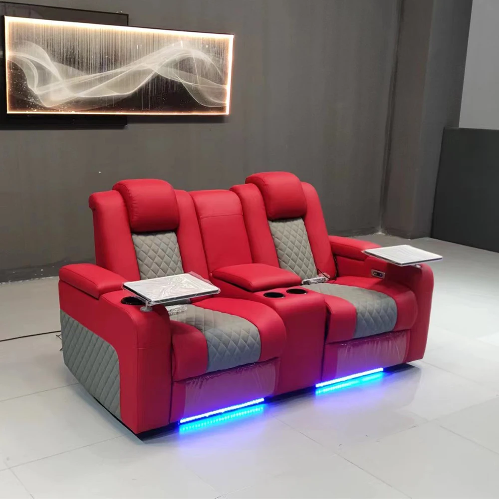 

Customizable Power Reclining Home Theater Sofa – Dual Motor Genuine Leather Recliner Couch with Massage, USB, Refridgeration Cup