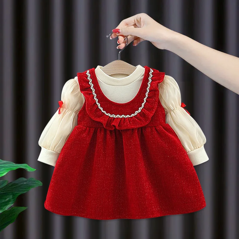 new autumn girl underwear clothes 2pc/set top+dress 80%cotton thin velvet children baby kids students red fashion 80-120 1-4year