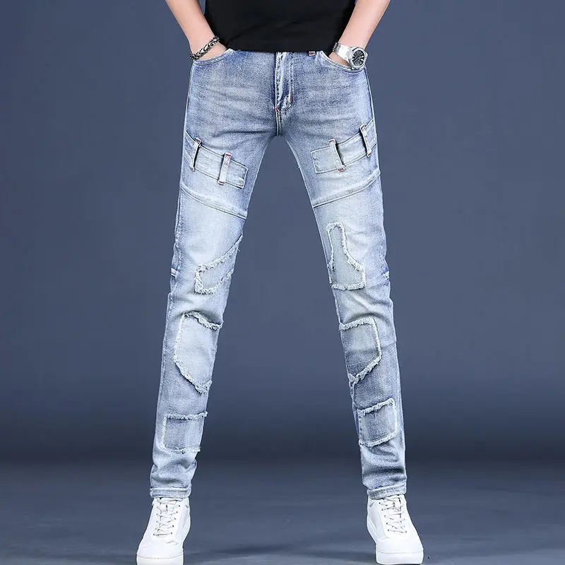 

2022 New European Station Hole Patch Light Blue Spring Summer Jeans Men's Retro Washed Elastic Slim Fit Small Feet Long Pants