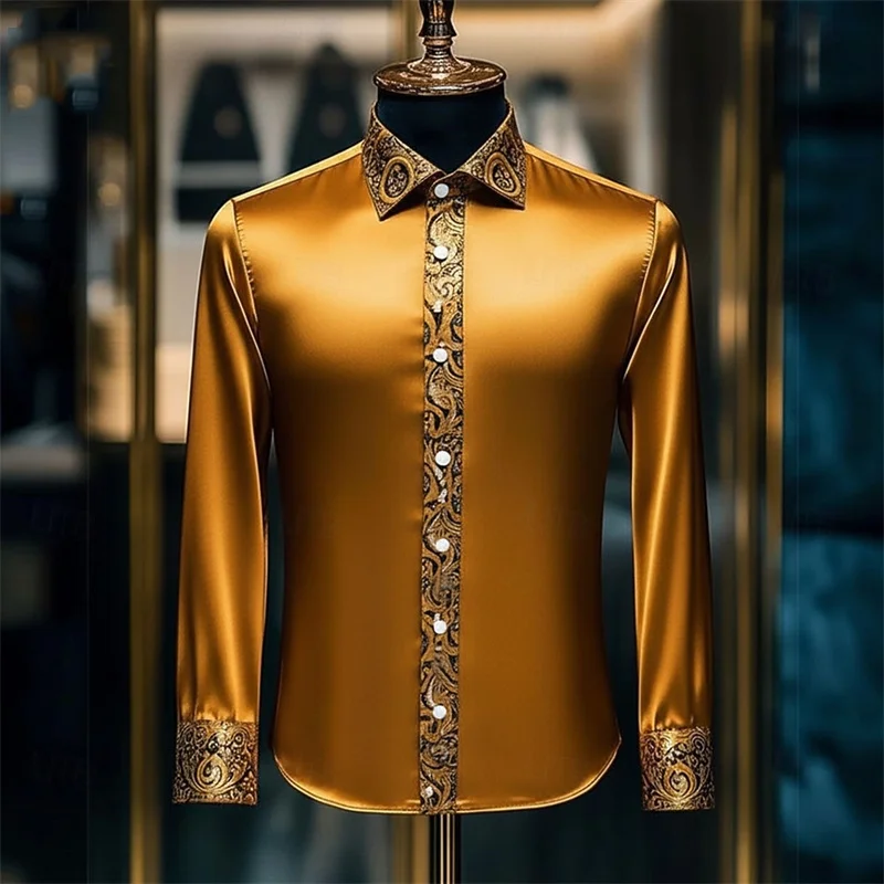 Men's Luxury Long Sleeved Shirt Silk Long Sleeved White Brown Solid Color Paisley Slim Fit Shirt Casual Lapel Top