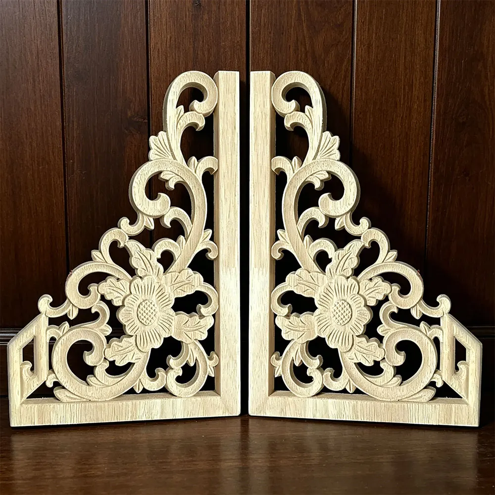 

2PCS 29CM Flower Carving Natural Wood Appliques for Furniture Cabinet Unpainted Wooden Mouldings Decal Decorative Figurines