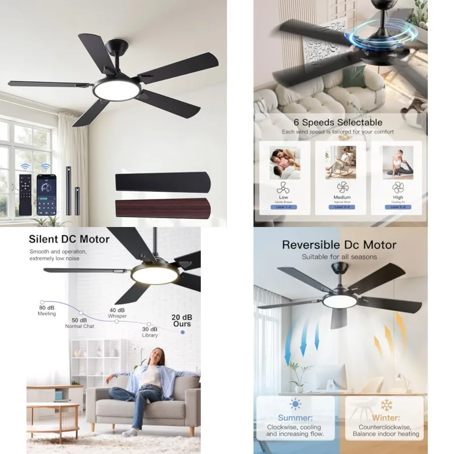 Ceiling Fans with Lights, 52 inch Ceiling fan with Light and Remote/APP Control, 3CCT, Quiet DC Reversible, Dimmable, Modern Ce