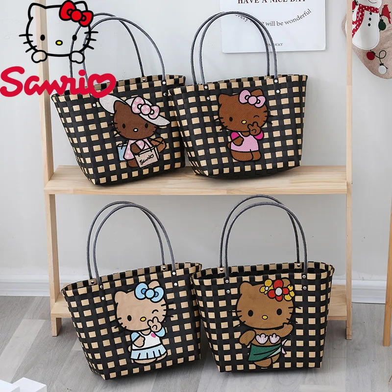 

Hello Kitty New Woven Women's Handbag Cartoon Cute Woven Women's Bag Large Capacity Fashion Trend Storage Beach Bag