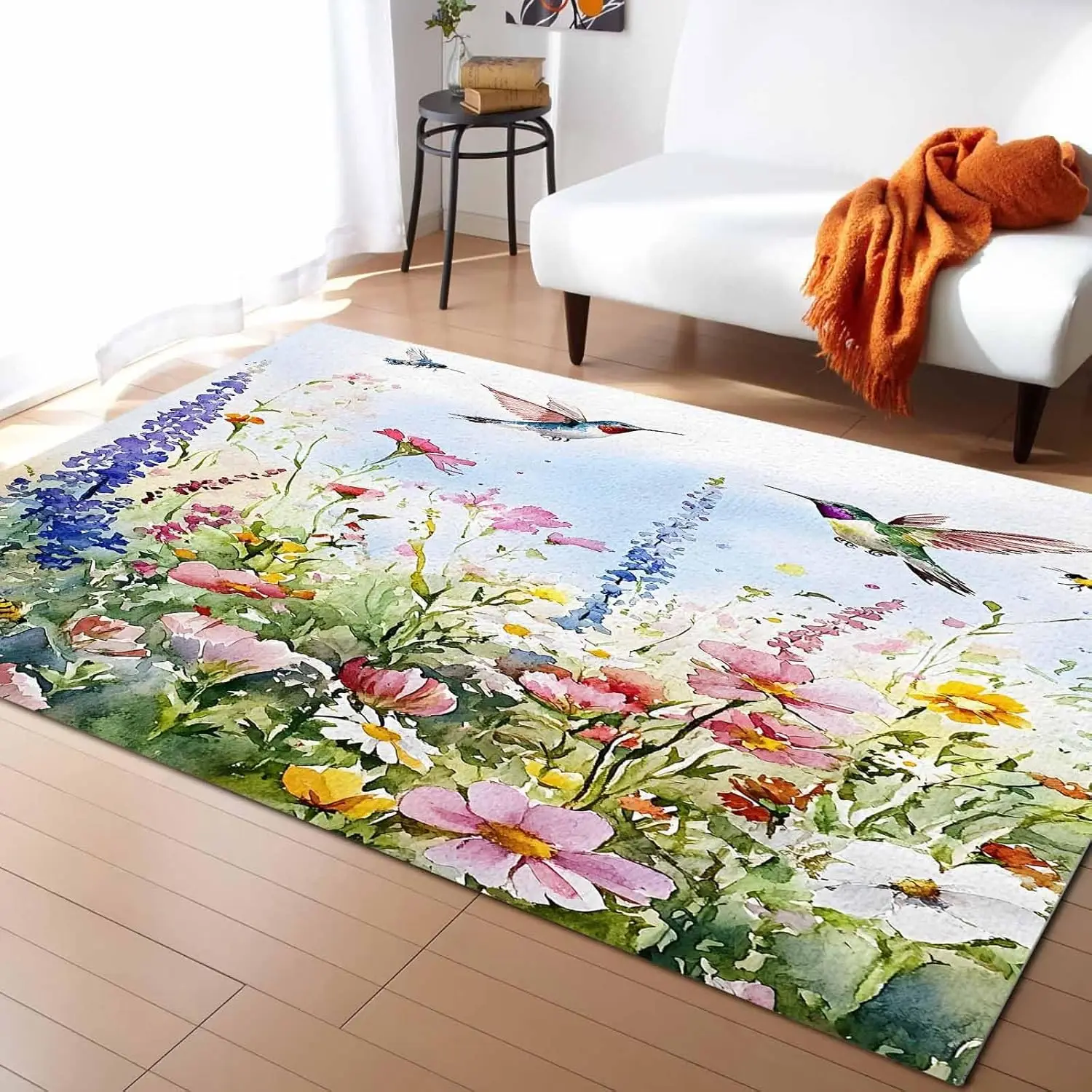 Watercolor Flower Washable Area Rugs Hummingbird Hand-Painted Flowers Bird Non Slip Rugs for Living Room Bedroom, Low Pile Floor