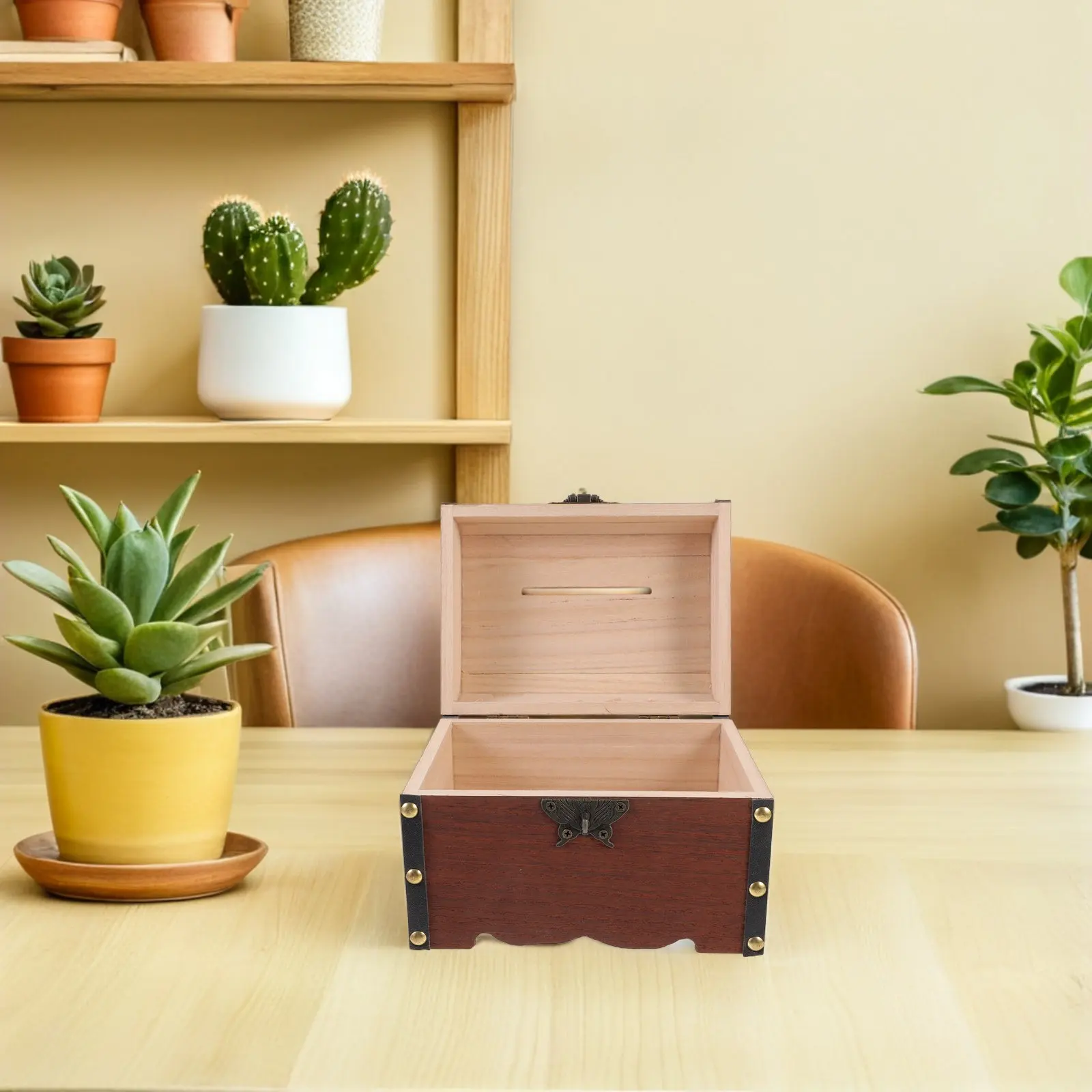 

Retro Lockable Wooden Trinket Box for Jewelry Storage Keepsakes Collection Money Saving Vintage Style Decorative Chest Compact