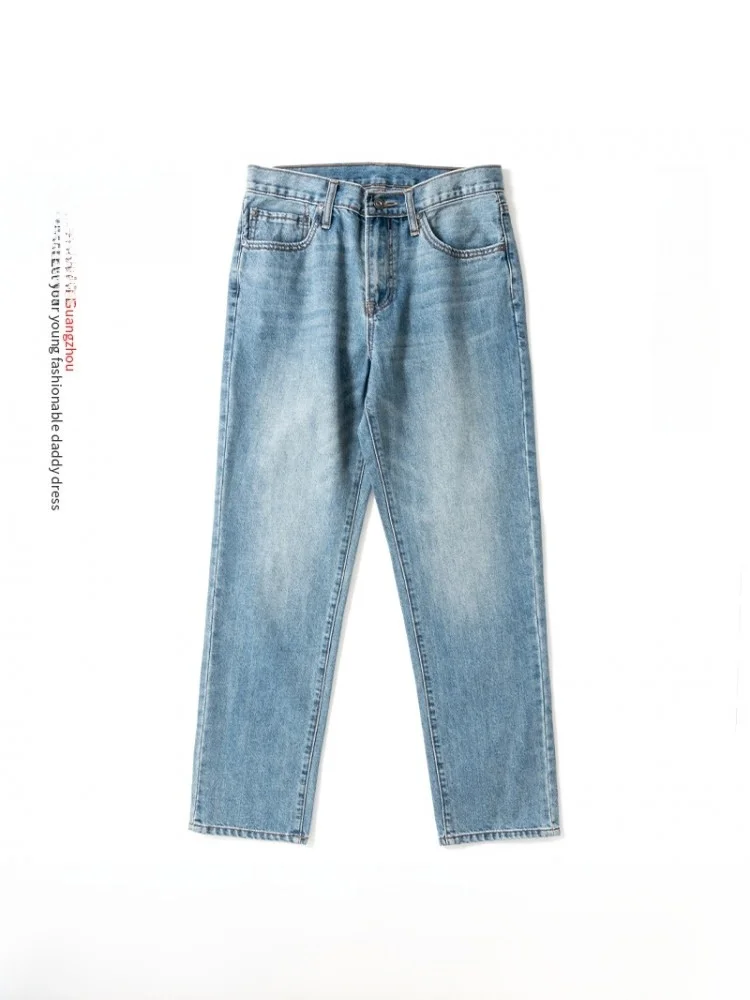 

Washed Casual Cotton Jeans for Middle-Aged Men Spring Autumn Straight Leg Loose Fit High Waist Denim Pants Pure Cotton Long T...