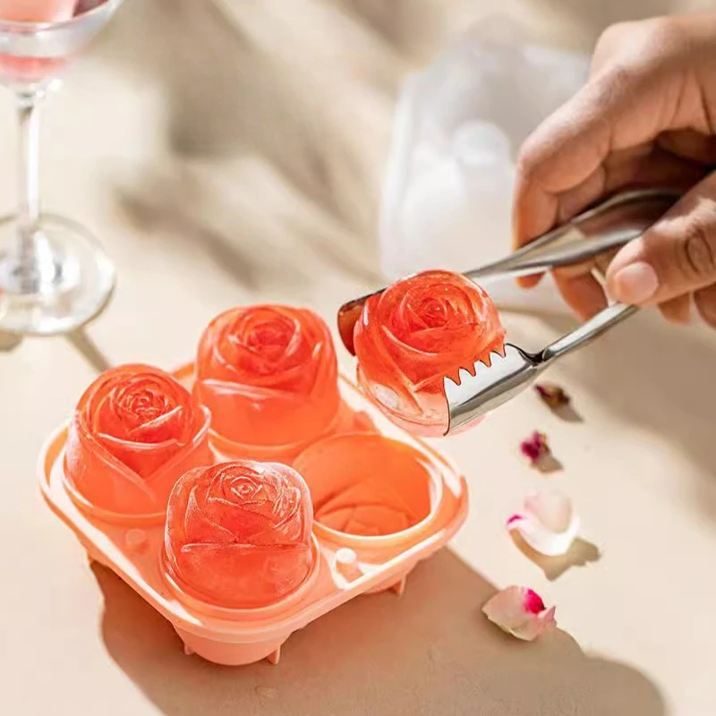 Rose Flower Silicone Whiskey Ice Ball Maker Tray Homemade Large Ice Cubes for Cocktails Easy Release Reusable Bar Tool