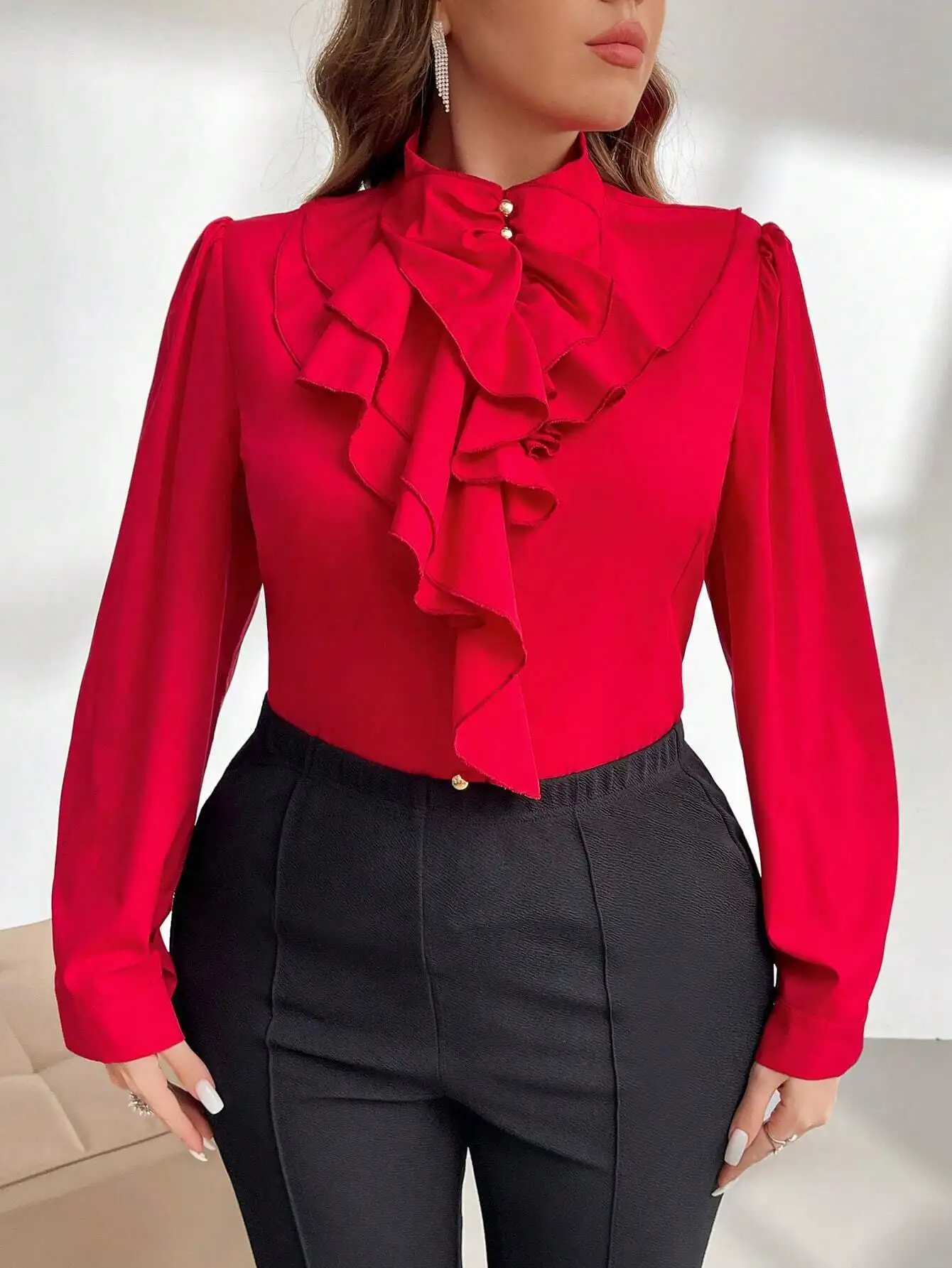 

Elegant Solid Color Ruffled Collar Long Sleeve Blouse For Women Plus Size