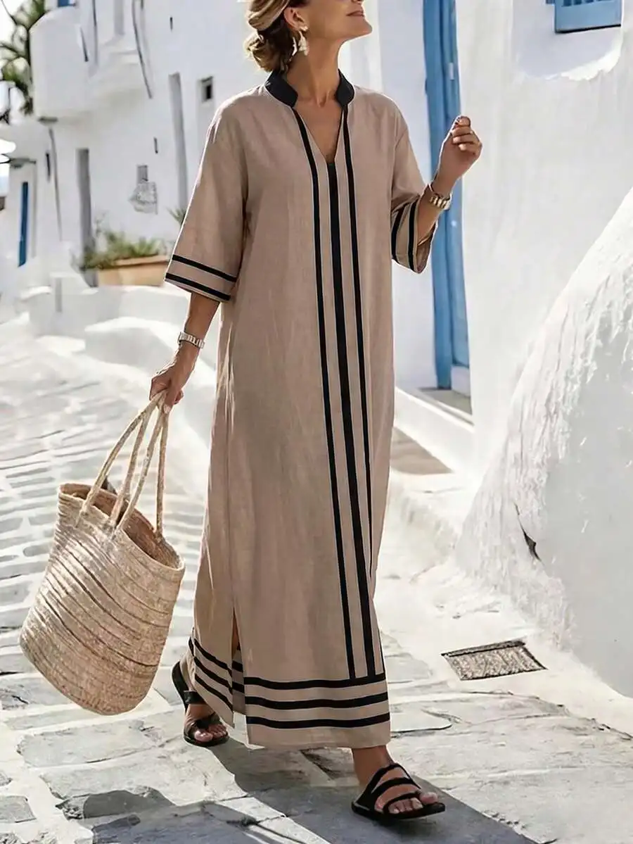 

Casual Striped Short Sleeve Maxi Dress For Women Summer Beach Holiday