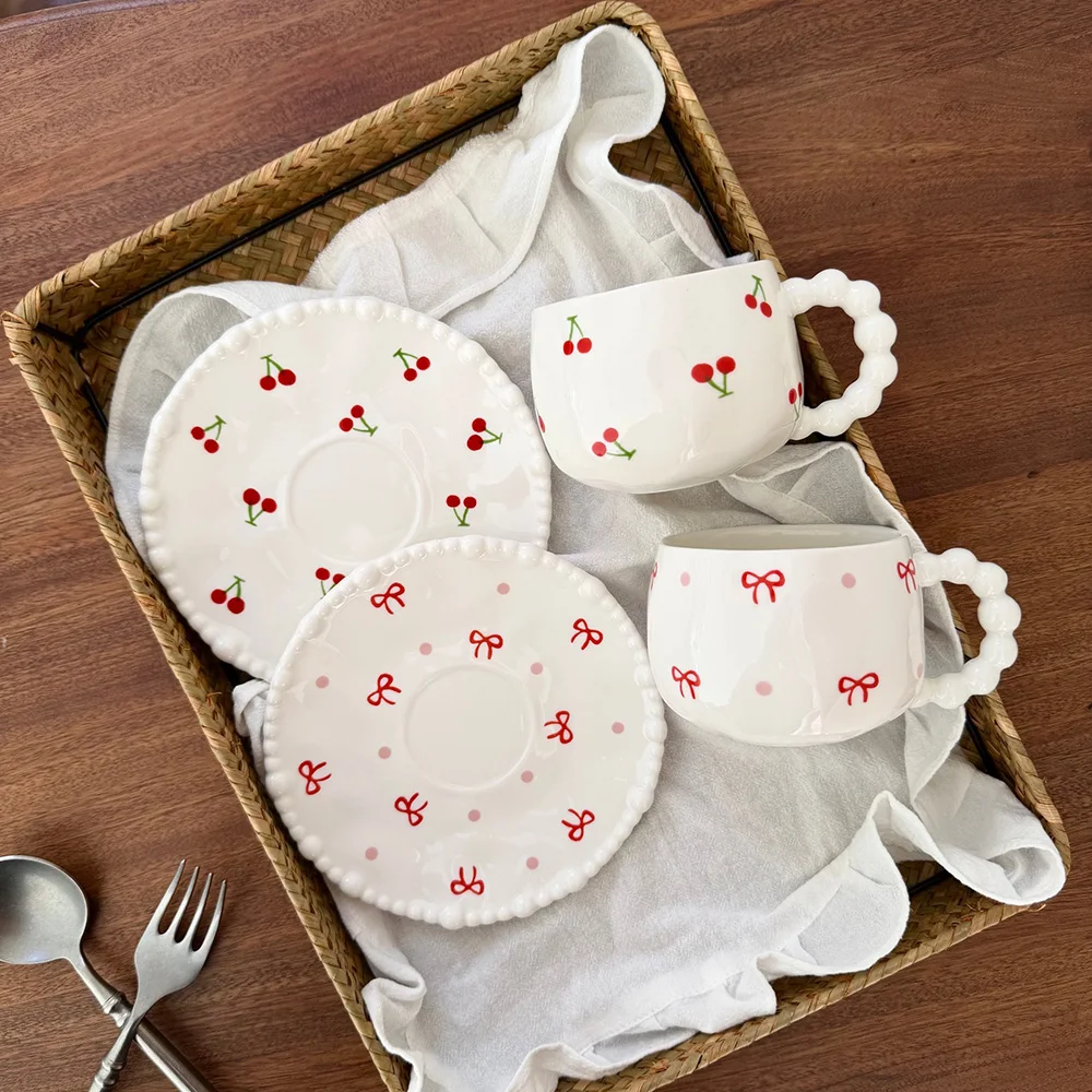Cute Ceramic Cup with Flower, Heart & Bow Design, Bead Handle & Gold Rim, Coffee Milk Mug for Home Kitchen Afternoon Tea
